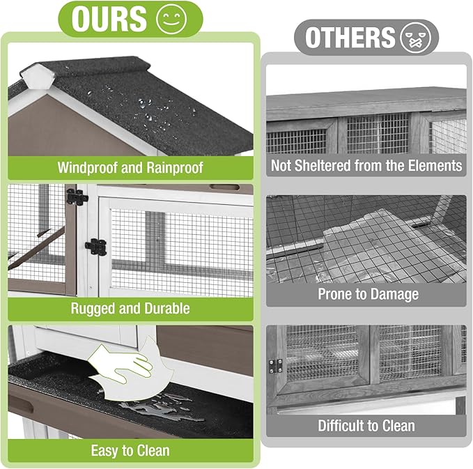 GUTINNEEN Rabbit Hutch Indoor Chicken Coop Outdoor, 51.6''L 2 Story Bunny Cage Weatherproof, Guinea Pig House with Run (Brown)