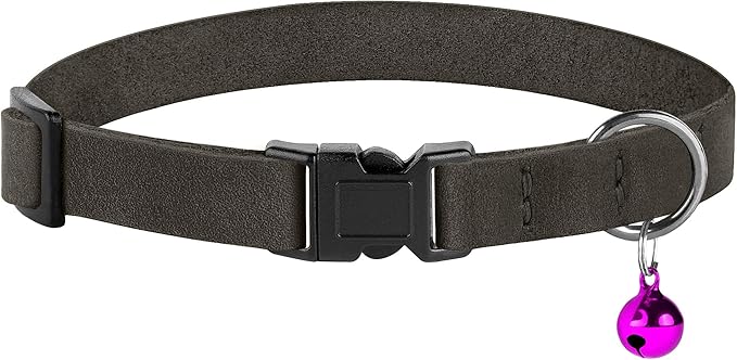 Breakaway Cat Collar Leather with Removable Bell - 13 Colors Available - Soft Adjustable Girl Boy Safety Lightweight Pet Kitten Collars Pink Brown Blue Green Red Orange Black (Graphite)