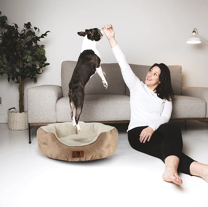 Asvin Medium Dog Bed for Medium Dogs, Cat Beds for Indoor Cats, Pet Bed for Puppy and Kitty, Extra Soft & Machine Washable with Anti-Slip & Water-Resistant Oxford Bottom, Light Brown, 25 inches