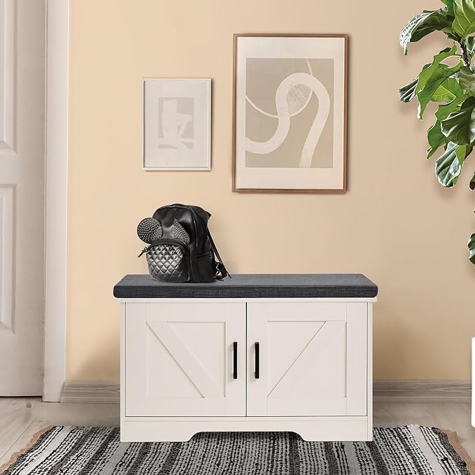 2-Tier Storage Bench, Shoe Bench with Padded Seat Cushion, Entryway Bench with 2 Barn Doors, Adjustable Shelf, 13.8" D x 27.6" W x 17.7" H, for Entryway, Living Room, Bedroom, White