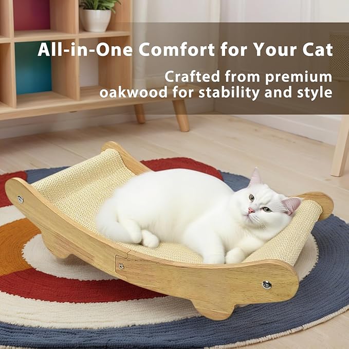 2-in-1 Sisal Cat Scratcher Bed for Indoor Large Cats – Hammock Lounge with Natural Sisal Pad, Wooden Cat Furniture for Scratching and Resting