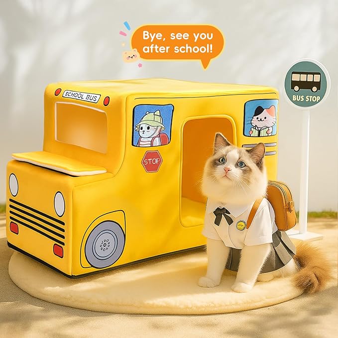 Cute Cat Beds Kitten Beds, Soft Small Dog Beds, Washable Pet Beds for Puppy and Kitty, Funny School Bus Cat Cave, 23 Inches