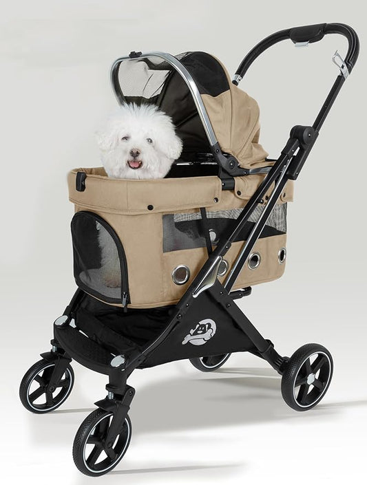JK Pawadore 4 Wheels Pet Stroller Best Lightweight Foldable Portable Secure Easy Lock NO-Zip 180 ̊ Canopy Sun Shades Waterproof for Small/Medium Dogs 33lbs with Large Storage Basket (Khaki)