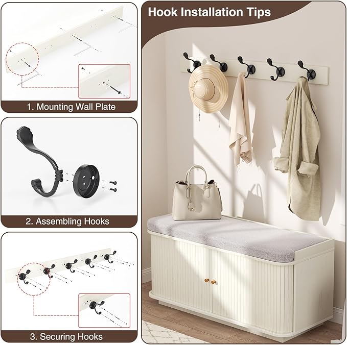 Cream White 39.4" W 2-Tier Shoe Bench with Storage | Entryway Bench with Padded Cushion, Sliding Doors & 5 Hooks