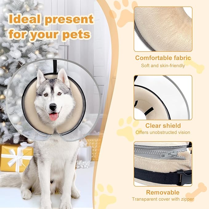 Dog Cone Collar with Enhanced Anti-Licking, Inflatable Dog Cone After Surgery, Adjustable Size with Soft Padding for Small Medium Large Dogs - Pale Yellow/L
