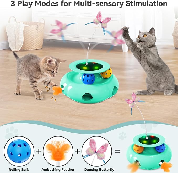Cat Toys Interactive Rechargeable 3in1 Whack a Mole Cat Toy, Fluttering Butterfly, Track Balls, Touch Activated Automatic Kitten Toys for Indoor Cats
