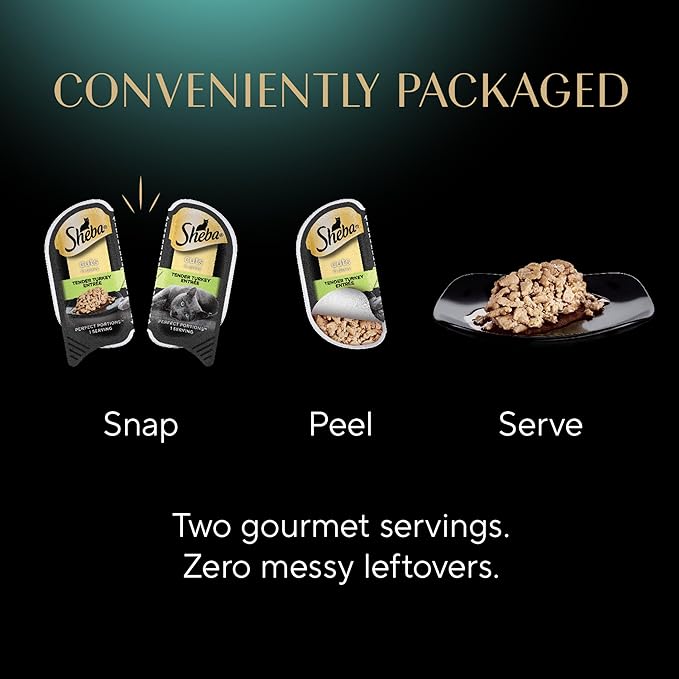 Sheba Perfect Portions Wet Cat Food Cuts in Gravy Variety Pack, Roasted Chicken Entree, with Sustainable Tuna, and Tender Turkey Entree, 2.6 oz. Twin-Pack Trays (36 Count, 72 Servings)