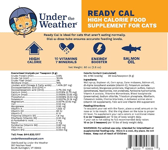 Under The Weather Pet | Ready Cal for Cats 100cc | High Calorie Supplement | Cat Weight Gainer and High Calorie Booster | 10 Vitamins, 7 Minerals & Omega Fatty Acids (2 Pack)
