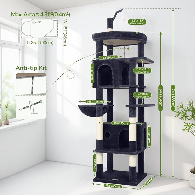 Globlazer Large Cat Tree Tower, Tall Cat Tree Condos for Indoor Cats Large Adult Cat Climbing Tower with 2 Spacious Caves, Oversized Top Perch, Big Hanging Basket, Cat Teaser Wand, F74B, Dark Grey