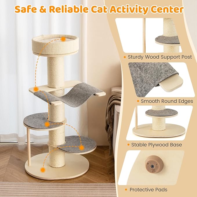 Tangkula Wood Cat Tree, 47 Inch Multi-Layer Cat Tower with 5.7” Thicker Sisal Covered Scratching Posts & Carpet, Padded Top Perch, 2 Jumping Platforms, Hammock, Modern Cat Tree Tower for Indoor Cats