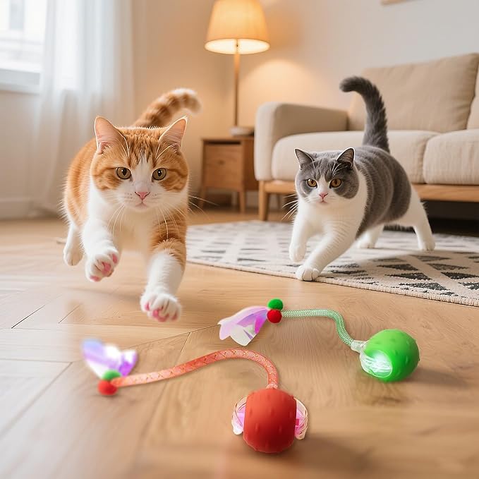Red & Green Interactive Cat Toy Ball Combo – Automatic Agile Moving Cats Toys with 4 Tail Accessories, Bird Chirping & Motion Activated, Kitten Balls for Multi-Cat Households