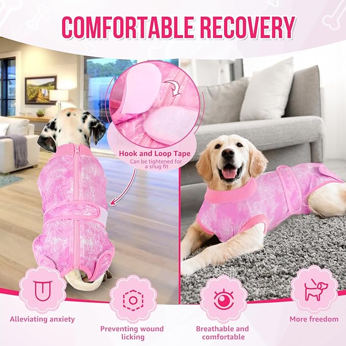Lukovee Recovery Suit for Dogs, Zipper On Recovery Suit for Female Male Dog, Onesie Abdominal Wounds Cone E-Collar Alternative Prevent Licking Spay Recovery Suit (XX-Large, Pink Tie-dye)