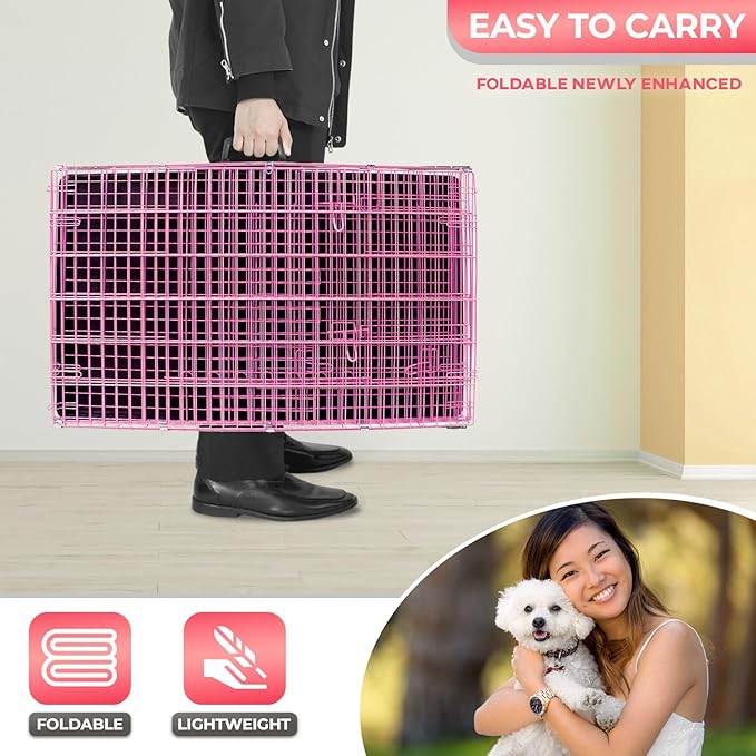 FDW Dog Crate for Small Dogs 24 Inch Folding Metal WirePet Cage Double Door W/Divider Panel Indoor Outdoor Kennel Leak-Proof Plastic Tray,Pink