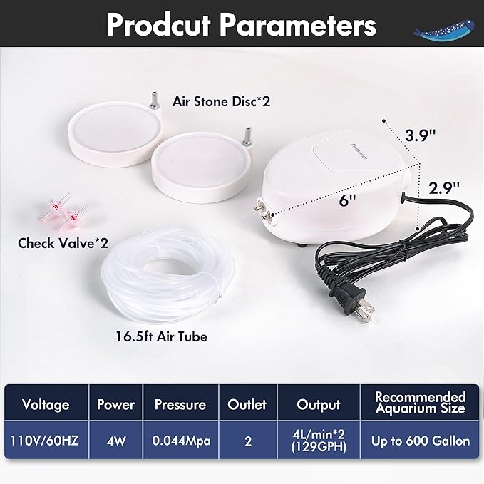 Orlushy Silent Aquarium Air Pump, Dual Outlet Adjustable Oxygen Aerator with 2 Air Stones Airline Tubing Check Valves for up to 600 Gallon Fish Tank, Hydroponic Bucket System, Bedroom Bubble Wall