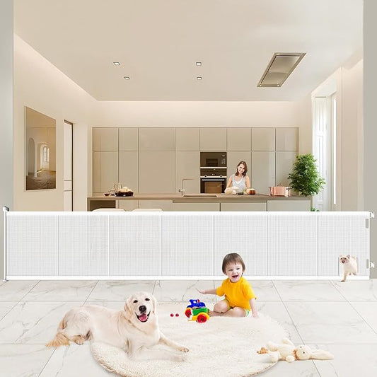 Pawtners Retractable Baby Gates Extra Wide, 41" Tall Extends up to 120" Wide, Dog Gate Indoor with Cat Door for Stairs, Pet Gate with Support Rods for Doorways Hallways Indoor & Outdoor-White
