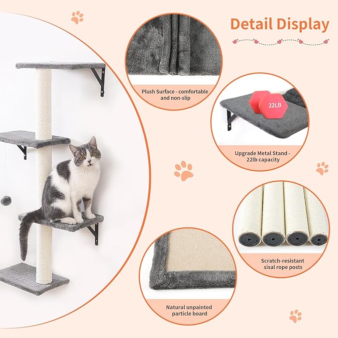 Modern Wall-Mounted Cat Furniture - 5pcs Cat Wall Shelves, Wooden Climber Includes House, Bridge, Tree, Steps, and Scratcher (Gray)