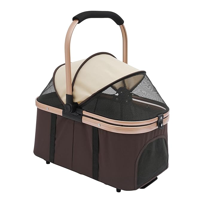 2-Layers Pet Stroller for 2 Cats/Dogs,Foldable Lightweight 77lbs Capacity Carrier, 4 Wheels, Removable Basket & Storage Pocket,for Small Pets (Coffee)