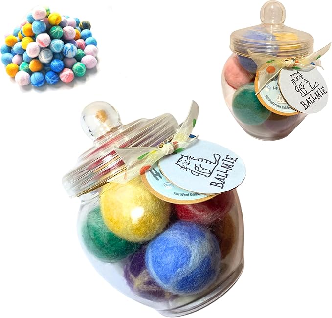 Felt Wool Cat Toys Ball with Catnip and Bell, Natural Handmade cat Toys Ferret Toys cat Gift Basket (Felt Wool Mixed in Jar)