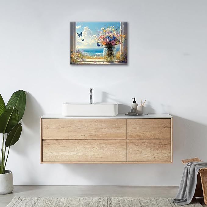 Beach Floral Bathroom Pictures Wall Art, Colorful Flower Bathroom Wall Decor, Coastal Ocean Framed Painting Canvas Artwork for Bedroom Living Room Decorations 20"L x 16"W