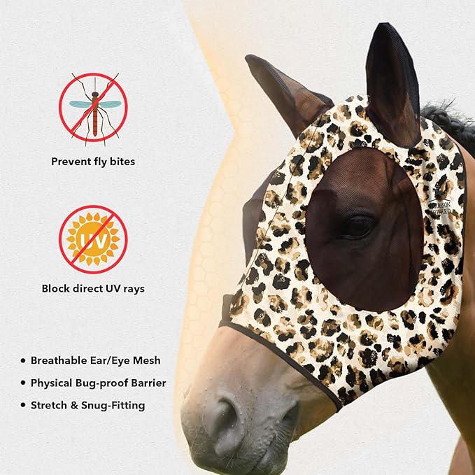 Harrison Howard Super Comfort Stretchy Fly Mask Large Eye Space with UV Protection Soft on Skin with Breathability Leopard Print Full Size