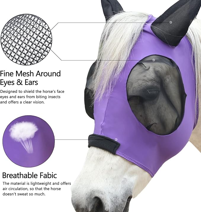 Horse Fly Mask with Ears - Large Eye Space for Full Vision, Breathable Stretch Comfort Fit, UV Protection, Forelock Opening, Easy Pull-On Violet Cob