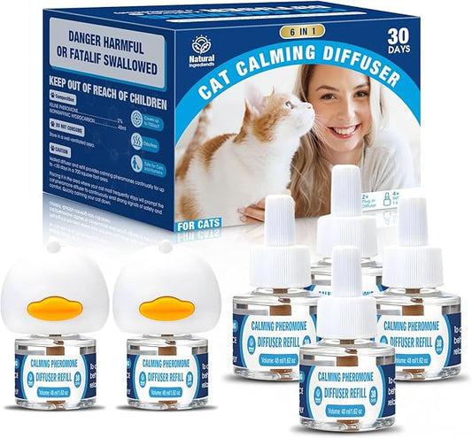 Cat Calming Pheromones Diffuser: 6-in-1 Kit Cat Appeasing Pheromone Diffuser to Calm (2 Plugin+4x48ml Refills) for Comfort Reduces Stress Anxiety, Long-Lasting Appeasing Pheromone for Pet Cat (6in1)