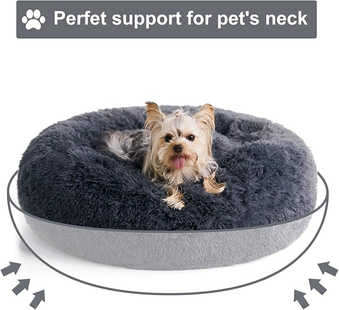 WNPETHOME Calming Dog & Cat Bed, Anti-Anxiety Donut Bed, Fluffy Faux Fur Cushion for Small Dogs and Cats (24 x 24 x 8 Inch, Navy Grey)