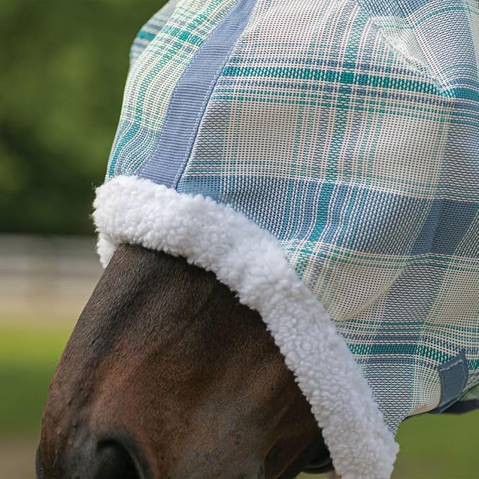 Schneiders Dura-Mesh Plaid Fly Horse Mask with Ears | Ultra-Durable 1000D Mesh | 70% UV Protection | Breathable Open Weave | Color Blue Plaid | Size Cob