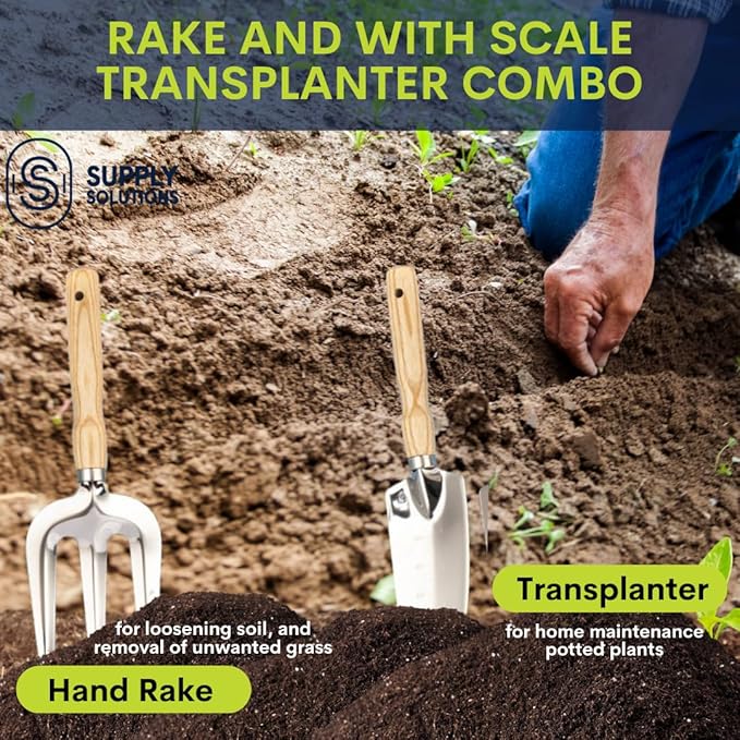Gardening Tools - Perfect Garden Tools for Women or Men - Small Heavy Duty Gardening Hand Tools with Trowel, Transplanter, Fork, Rake, and Cultivator - Ergonomic Design Gardening Kit