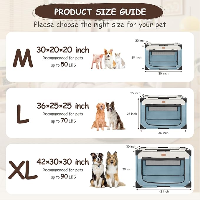 Dog Crate - Soft Pet Kennel for Dogs/Cats, 3-Door Breathable Travel Cage with Mesh Window, Portable Dog Kennel for Indoor & Outdoor, Blue-L