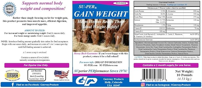 SU-PER Gain Weight for Horses - Equine Supplement Weight Gainer for Horses - Promotes Lean Muscle Mass, Digestion & Appetite - 10 Pound, 1 Month Supply