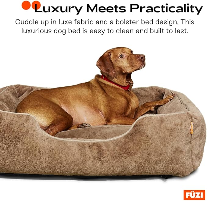 FUZI Luxury Aesthetic Dog Bed for Large Dogs with Washable Cover, Pet Couch, Pet Bed with Sides, Non-Slip Bottom, Soft and Durable Calming Dog Bed, Faux Rabbit Fur, Large 31.75x23.6x9.5 Light Brown