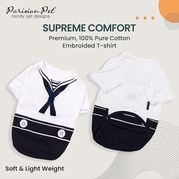 Parisian Pet Blue & White Sailor Dog Shirt - Embroidered Cotton & Polyester Costume - Large Sleeved Dog Clothes