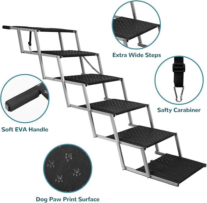 Extra Wide Dog Stairs for Large Dogs,Dog Ramps for Cars,Portable Folding Doggy Stairs for Cars,SUV,Trucks,Pet Ramp with Non-Slip Surface,Pet Steps Supports Up to 250 lb,6 Steps