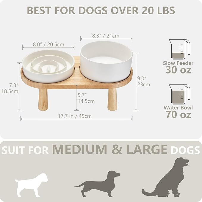 Ceramic Slow Feeder and Water Bowl Set for Medium and Large Dogs, Ceramic Dog Bowls Elevated with Wooden Stand, 2.0 Cups Dog Slow Feeder(30oz) and 70oz Water Bowl Set, White