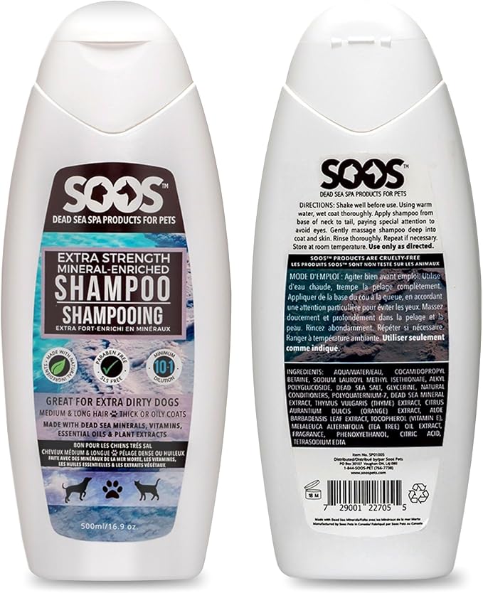 Soos Pet Shampoo Extra Strength Cat and Dog Shampoo Natural Dead Sea Minerals Fast Absorbing - 1x Bottle (500ml)