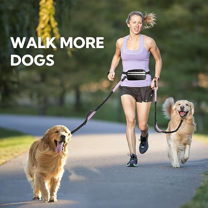 Hands Free Dog Leash with Pouch, Double Leash for Two Dogs, Retractable Bungee with Double Padded Handles, Dog Waist Leash for Dog Walking, Running Leash for Dogs, Dog Walking Accessories