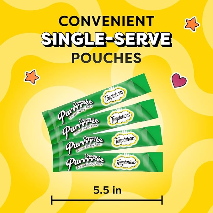 Temptations Creamy Puree Mix-Ups Squeezable Lickable Wet Cat Treats, Seafood Medley Flavor, 0.42 oz. Tubes, 16 Count