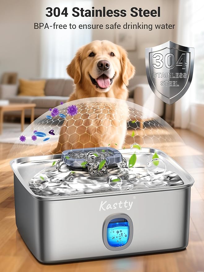 Kastty 15L/3.96 Gal Stainless Steel Dog Water Bowl Dispenser, Large Capacity Dog Water Fountain Quiet LED Light Triple Filtration BPA-Free, Automatic Pet Water Fountain Easy Cleaning for Pet FS76