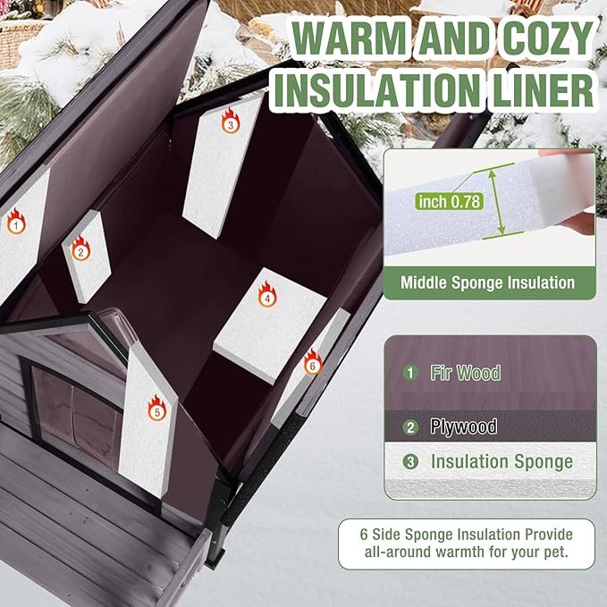 Dog House Outdoor Insulated for Winter, Puppy Kennel with Anti-Chewing Iron Frame, Weatherproof Dog Crate with Insulated Liner for Small Medium Large Dogs (Grey, 45" x 32.9" x 32.6")