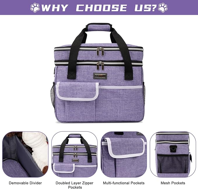 BAGLHER Dog Travel Bag for Supplies - Double-Layer Airline Approved Weekend Pet Travel Organizer Set for Dog and Cat Tote with 2 Pet Food Containers and 2 Collapsible Silicone Bowls Purple