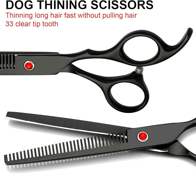 Professional Dog Grooming Scissors Set Stainless Steel Dog Grooming Kit - Thinning, Curved Scissors and Comb for Dog Cat Pet (Black 5 in1)