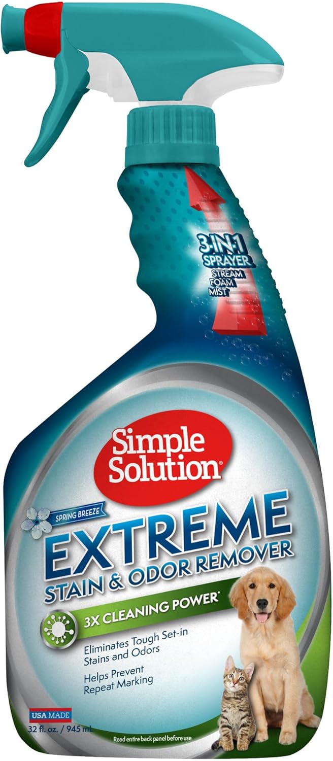 Simple Solution Extreme Pet Stain and Odor Eliminator Spray, Enzymatic Cleaner With 3X Pro-Bacteria Cleaning Power for Dogs & Cats, Strong Urine, Pee and Poop Smell Remover for Carpets & Floors, 32 oz