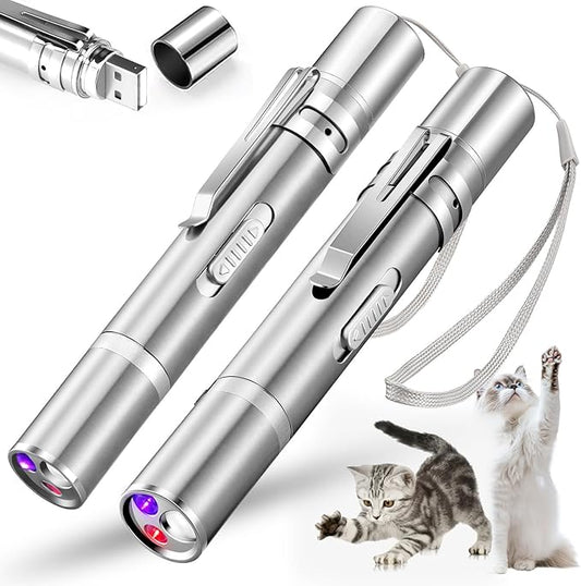 Cat Pointer Toy 2 Pack, Red LED Light Pointer Cat Toys for Indoor, USB Rechargeable 3 Light Colors Interactive Pet Toys, Chaser Training Interactive Toy