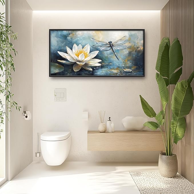 Extra Large Lotus Dragonfly Framed Wall Art for Living Room,Abstract Blue Lotus Flower Lake Pictures Wall Decor,Nature Canvas Print Painting Modern Artwork Bedroom Office Bathroom 60L" x 30W"