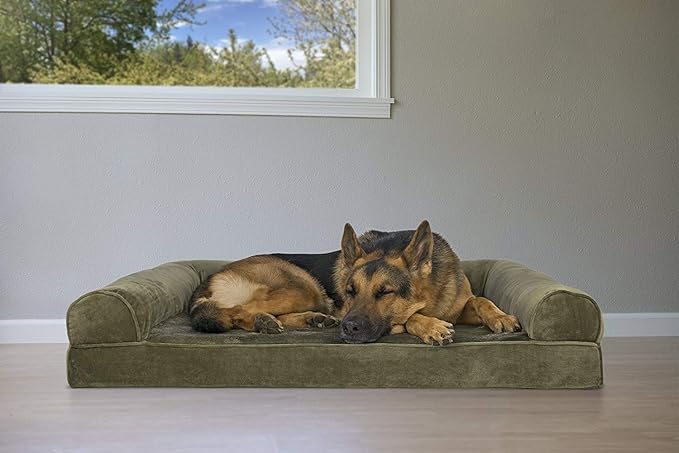 Furhaven Orthopedic Dog Bed for Large Dogs w/ Removable Bolsters & Washable Cover, For Dogs Up to 95 lbs - Faux Fur & Velvet Sofa - Dark Sage, Jumbo/XL