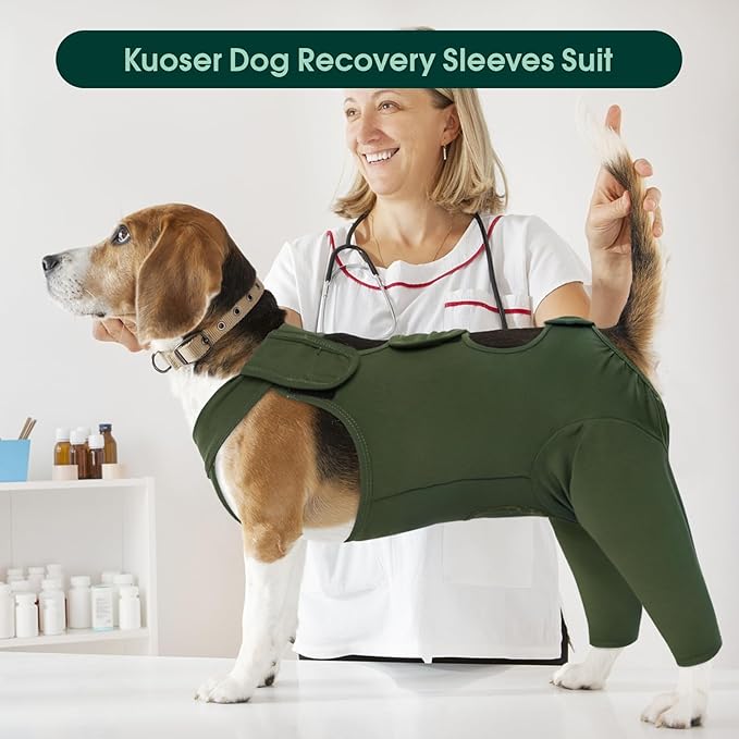 Kuoser Thigh Wound Protective Sleeve for Dogs, Dog Surgery Recovery Suit for Rear Legs, Dog Recovery Sleeve for Female Male Dogs, Dog Onesie After Surgery Pet Surgical Suit for Spay Neuter, Green L