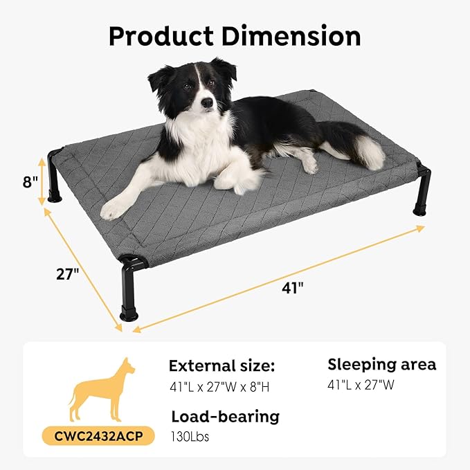 Veehoo Soft Plush Elevated Dog Bed - Raised Pet Bed with Heavy Duty Frame, Non-Slip Silicon Feet, Washable & Breathable Pet Cot, Indoor/Outdoor Use, 41" x 27", Grey, CWC2432A