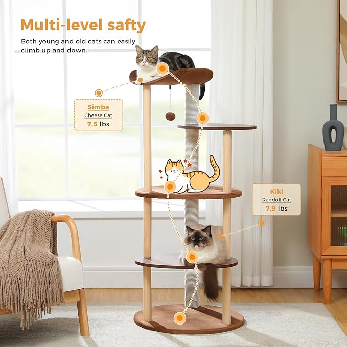 PETEPELA Wood Cat Tree Tower for Indoor Cats,5-Level Modern Cat Tree Cat Activity Center with Scratching Posts, Brown