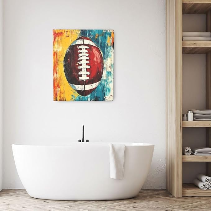 Graffiti Football Bathroom Pictures Wall Art, Rugby Sport Bathroom Wall Decor, Colorful Football Framed Painting Canvas Artwork for Bedroom Living Room Decorations 24"L x 20"W